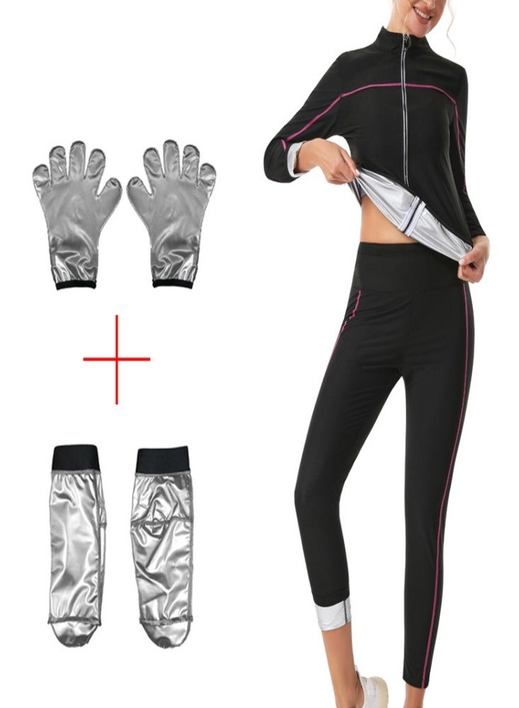 يس طقم ملابس ساونا نسائي، بأكمام طويلة + بنطال + قفازات + جوارب، لحرق المزيد من السعرات الحرارية، والتعرق أكثر، زي رياضي مُعزز للتعرق لإنقاص الوزن - Image 1